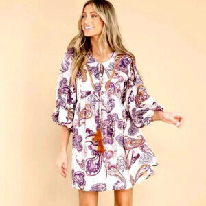 New BAND OF THE FREE Purple Paisley Long Sleeve Mini Dress Boho Lined Sz Large